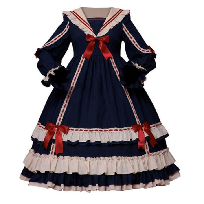 【7日内出荷】ロリータ ドレス ゴスロリ＆ロリータ服 長袖 ワンピース 膝丈 ミモレ丈 ロング ロリィタ服 マリン風 お姫様 ドレス 裾フリル レース リボン 可愛い ハイウエスト 学園祭 イベント コスプレ衣装 コスチュームレディース 大人 春秋冬 S M L XLワインレッド ネイビー