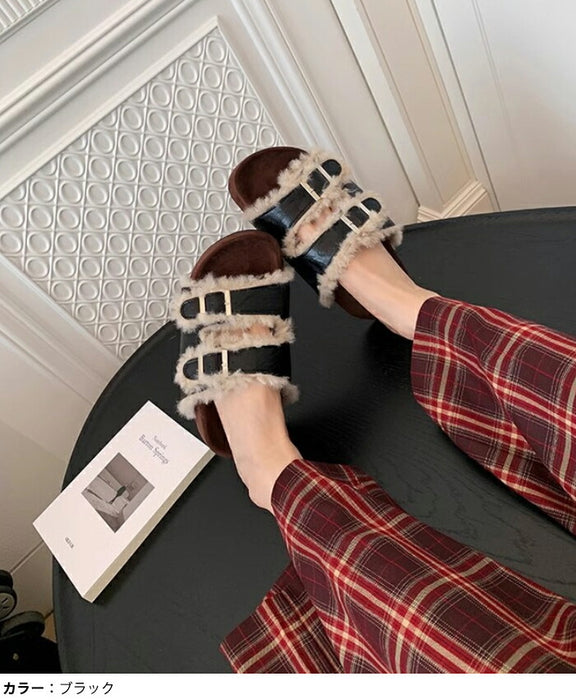 【7日内出荷】【4cmヒール】サンダル 厚底 ファーサンダル レディース ボアサンダル 冬用 4cmヒール もこもこ 歩きやすい 暖かい 冬用サンダル 痛くない 疲れにくい 美脚 ダブルベルト レザー調 合皮 おしゃれ ルームシューズ 室内履き 20代 30代 靴 防寒 黒 茶 白