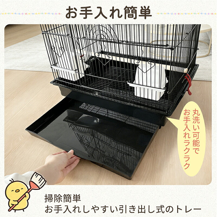 RAKU バードケージ 大型 多頭飼い 鳥かご セキセイインコ オカメインコ 飼育セット 幅50×奥行40×高さ104cm 止まり木 巣箱 ブランコ付き エサ入れ4個 引き出し式トレー お手入れ簡単 ホワイト/ブラック