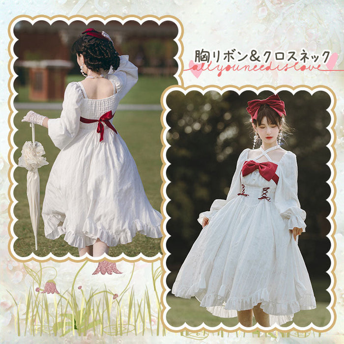 ロリータドレス 白と赤 リボン付き 7日内出荷】 2way仕様 赤い胸リボン ロリータワンピース