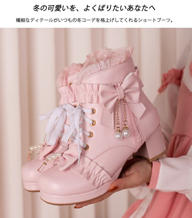 【5cm ヒール】厚底ブーツ ロリータ ブーツ レディース ショートブーツ 編み上げブーツ 甘ロリ お姫様 森ガール ロリィタ靴 レース リボン パール 5cm 太ヒール 歩きやすい 痛くない サイドジップ おしゃれ かわいい お茶会 コスプレ 黒 ピンク 白 秋冬