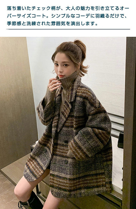 【7日内出荷】チェスターコート レディース アウター コート ジャケット チェック柄 千鳥格子 ミドル丈 ハーフコート ダブルボタン 韓国 秋冬 暖かい 防寒 厚手 きれいめ カジュアル ゆったり 体型カバー おしゃれ 通勤 通学 オフィス デート 女子会