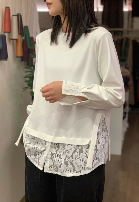 【7日内出荷】レイヤード ロンT レース 袖 裾 レースインナー トップス レディース レース レイヤードトップス 長袖 Tシャツ カットソー インナー チュニック 無地 透け 肌着 重ね着 きれいめ 大きいサイズ 体型カバー お尻が隠れる 厚手 白 黒 秋 冬