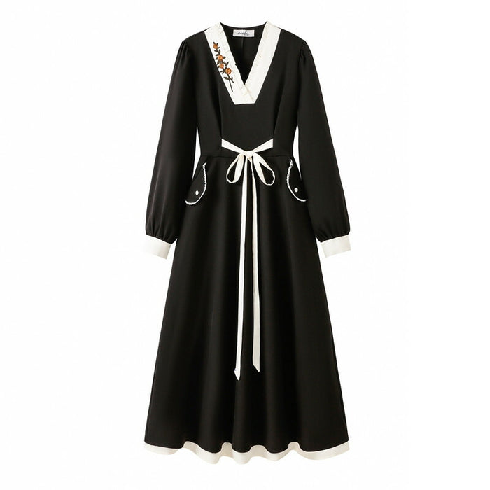 【7日内出荷】ワンピース ロングワンピース 刺ワンピース Aライン ワンピ ロングワンピ ロング マキシワンピース vネック 無地 きれいめ マキシ レイヤード風 長袖 大きいサイズ 重ね着風 秋 冬