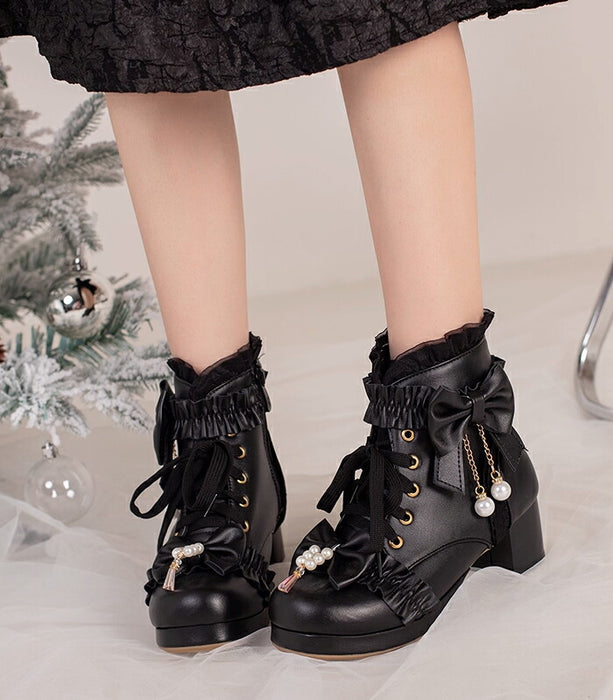 【5cm ヒール】厚底ブーツ ロリータ ブーツ レディース ショートブーツ 編み上げブーツ 甘ロリ お姫様 森ガール ロリィタ靴 レース リボン パール 5cm 太ヒール 歩きやすい 痛くない サイドジップ おしゃれ かわいい お茶会 コスプレ 黒 ピンク 白 秋冬
