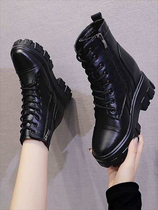【7日内出荷】ショートブーツ レースアップブーツ レディース 厚底 ブーツ 太ヒール サイドジップ 靴 黒 編み上げブーツ 日常 通勤 美脚 カジュアル ラウンドトゥ おしゃれ 痛くない 履きやすい 柔らかい 幅広 きれいめ シンプル 大人気 春夏秋冬 韓国 仕事 細見え 合皮 裏起毛 メッシュ