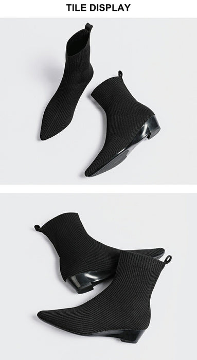 【7日内出荷】【3.5cmヒール】ソックスブーツ レディース ニット ショートブーツ 痛くない 歩きやすい ストレッチブーツ ポインテッドトゥ ローヒール ウェッジソール 3.5cm 美脚 疲れない 軽量 柔らかい フィット感 オフィス 通勤 きれいめ バイカラー 秋冬 春