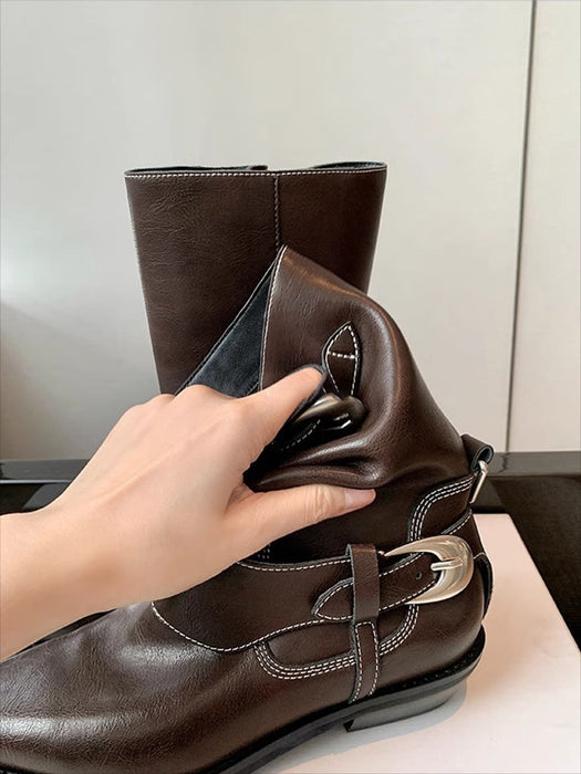 【7日内出荷】【3.5cmヒール 】ウエスタン ショートブーツ レディース ブーツ ウエスタンブーツ パンク系 スクエアトゥ ミドル丈 レザーシューズ PU  チャンキーヒール 太ヒール 安定感 美脚 靴 通学 通勤 おしゃれ 韓国 歩きやすい 疲れない 滑りにくい 大きいサイズ 22cm～25cm 黒 裏起毛 春 秋 冬