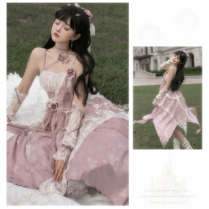 【7日内出荷】3点セット ロリータワンピース キャミワンピース ロリータ衣装 lolita jsk 全3色 不規則裾 付け袖付き 甘ロリ レース 原宿 可愛い ガーリー 春秋 S/M/L