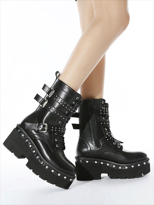 【7日内出荷】ショートブーツ パンク風 厚底 レースアップブーツ レディース ヒール8cm ブーツ スタッズ ダンスシューズ カジュアル 靴 編み上げブーツ 日常 通勤 おしゃれ 痛くない 履きやすい 柔らかい ゆったり きれいめ 人気 クール 美脚 春夏秋冬 韓国 仕事 PU 合皮 原宿系 細見え 黒