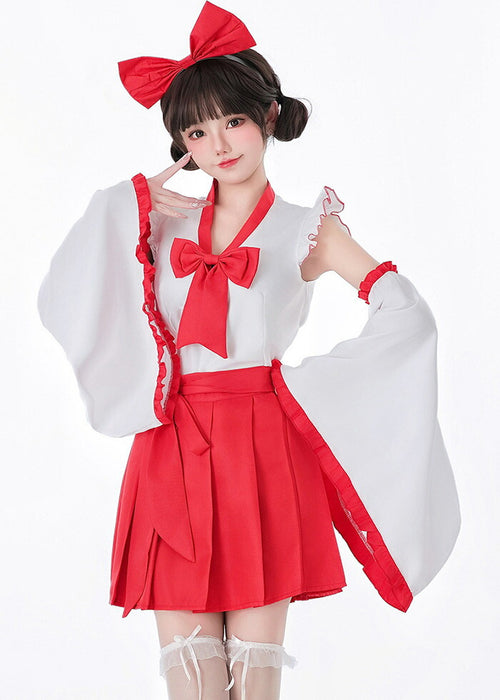 【7日内出荷】【5点セット】赤スカート 巫女 リボン コスプレ 衣装 巫女コスプレ 和服 着物 花魁 メイド服 ハロウィン衣装 ハロウィンコスプレ ハロウィン仮装 仮装 衣装 セクシー レディース 大人 女性用 こすぷれ コス 振袖 白 赤 可愛い