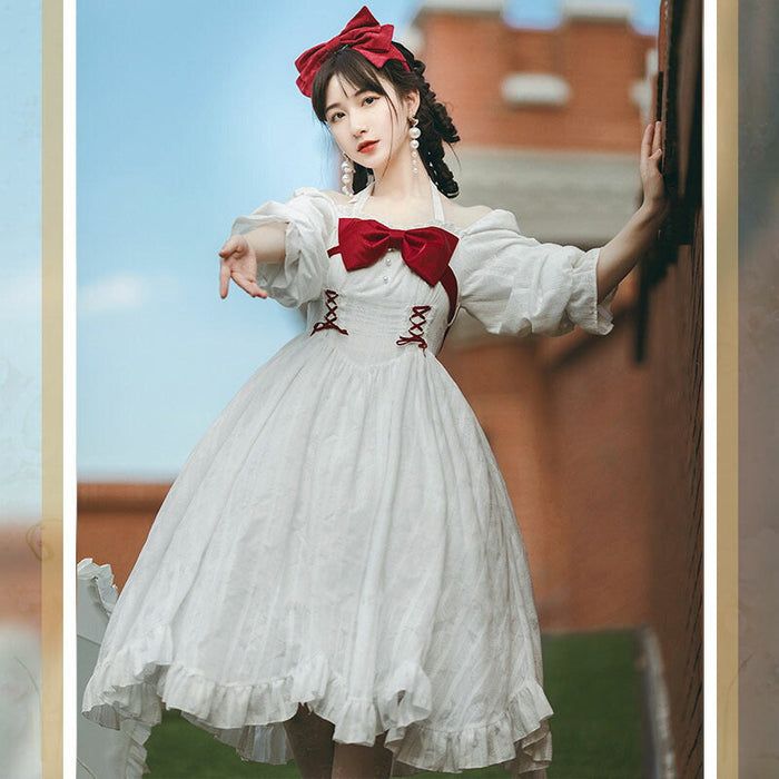 【7日内出荷】 2way仕様 赤い胸リボン ロリータワンピース ロリータドレス 甘ロリ 姫ロリ クラロリ カジュロリ 白ロリ 長袖 赤リボン 胸リボン