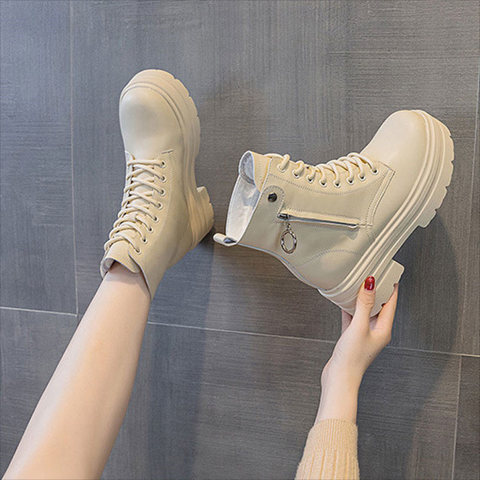 【7日内出荷】ショートブーツ 厚底 ブーツ レディース サイドジップ レースアップブーツ 秋ブーツ 太ヒール 靴 日常 通勤 美脚 カジュアル おしゃれ 痛くない 履きやすい 柔らかい 編み上げブーツ ラウンドトゥ きれいめ シンプル 大人気 春夏秋冬 韓国 仕事 PU 合皮 細見え 黒 ベージュ