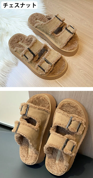【7日内出荷】【 5cmヒール】厚底ボアサンダル レディース ファーサンダル ボア もこもこ 5cmヒール 歩きやすい つっかけ 暖かい 冬用サンダル 防寒 痛くない ダブルベルト 秋冬ルームシューズ 外履き 室内履き オフィス 20代 30代 シューズ 靴 ブラウン グレージュ