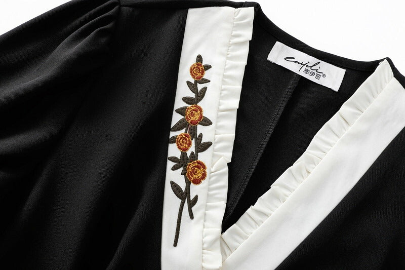 【7日内出荷】ワンピース ロングワンピース 刺ワンピース Aライン ワンピ ロングワンピ ロング マキシワンピース vネック 無地 きれいめ マキシ レイヤード風 長袖 大きいサイズ 重ね着風 秋 冬