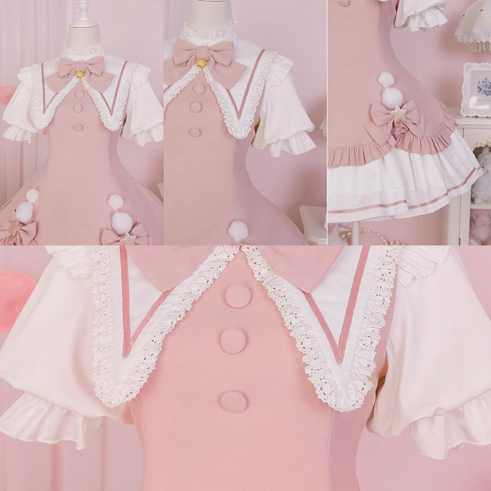 lolita ワンピース 姫 蝶結び鈴 ゴスロリ 女の子 ガールズ フリル ペプラムスカート レース 姫袖 森ガール お姫様 長袖 ロリータ風 女装 可愛い 大きいリボン 茶話会 仮装 クリスマス