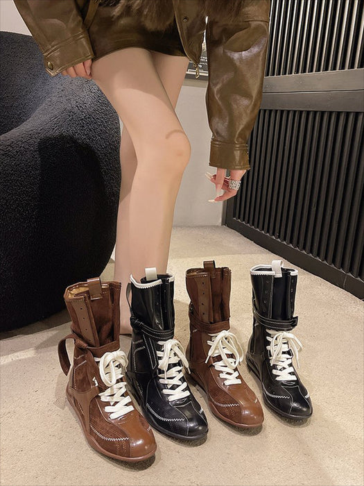 【7日内出荷】ショートブーツ レディース レースアップ 高校生 中学生 PU ブーツ エンジニアブーツ 安定感 太ヒール 厚底 ラウンドトゥ 黒 ブラック ブラウン 仕事 原宿系 韓国 通勤 学生 通学 美脚 歩きやすい 疲れない 痛くない シンプル おしゃれ 大きいサイズ 22.5cm-25.5cm 春夏秋冬