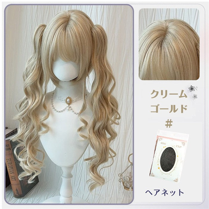 【7日内出荷】ロリータ ウィッグ ロング カール ツインテール フルウィッグ バンスクリップ付き 前髪あり ふんわり カール 耐熱 コスプレ メイド ロリータファッション 撮影用 衣装用 ブラック ブラウン 金髪