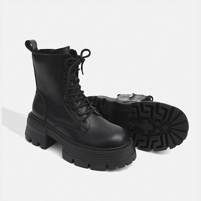 【7日内出荷】【6.5cmヒール】レディース ショートブーツ 厚底  太ヒール ブーツ くつ 靴 スエード PU レザーシューズ 安定感 美脚 黒 ブラウン 裏起毛 春 秋 冬 サイドゴム レースアップ おしゃれ 韓国 歩きやすい 疲れない 滑りにくい 大きいサイズ 22cm～25cm 中学生 高校生 通学 通勤