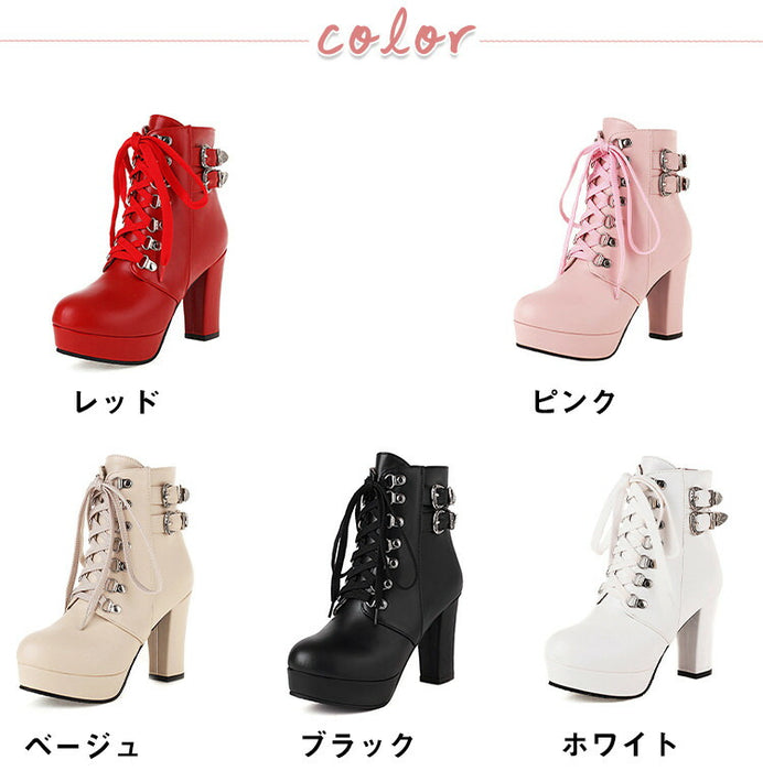 【7日内出荷】【9.5cmヒール】 ショートブーツ レディース サイドゴム レースアップ 高校生 中学生 ブーツ PU レザーシューズ コスプレ cosplay 太ヒール ハイスムース3cm 安定感 厚底 靴 ラウンドトゥ 学生 通学 美脚 大きいサイズ がルーズ グループ 人気