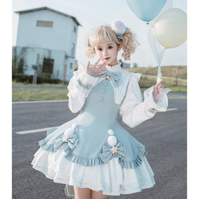 lolita ワンピース 姫 蝶結び鈴 ゴスロリ 女の子 ガールズ フリル ペプラムスカート レース 姫袖 森ガール お姫様 長袖 ロリータ風 女装 可愛い 大きいリボン 茶話会 仮装 クリスマス