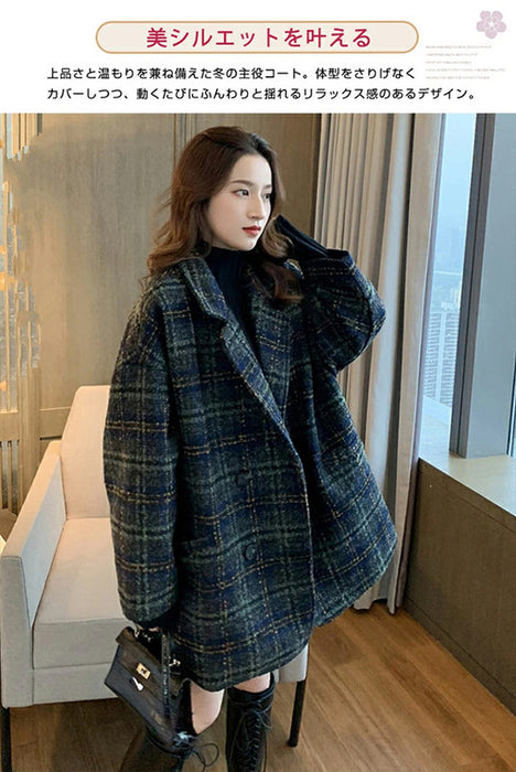 【7日内出荷】チェスターコート レディース アウター コート ジャケット チェック柄 千鳥格子 ミドル丈 ハーフコート ダブルボタン 韓国 秋冬 暖かい 防寒 厚手 きれいめ カジュアル ゆったり 体型カバー おしゃれ 通勤 通学 オフィス デート 女子会