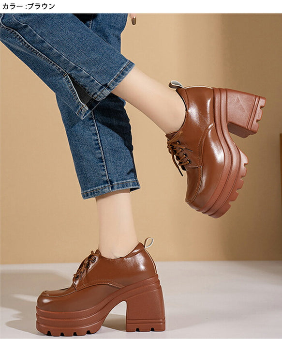 【7日内出荷】【10cmヒール】厚底オックスフォード シューズ レディース レースアップ  ハイヒール 超厚底 チャンキーヒール ボリュームソール プラットフォーム レースアップ 革靴 歩きやすい 疲れにくい 脚長 韓国 地雷系 学生 通勤 黒 茶色 オールシーズン