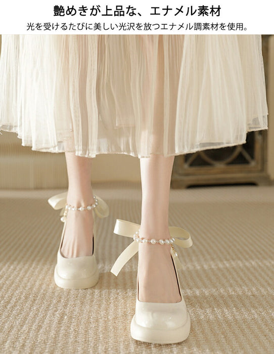 【7日内出荷】【7cmヒール】パンプス パール レディース 太ヒール リボン ウェディング メリージェーン ストラップ 痛くない 歩きやすい 疲れない エナメル 厚底 パーティー お呼ばれ 二次会 入学式 卒業式 おしゃれ  安定感 美脚 白 黒 23.0-25.0cm