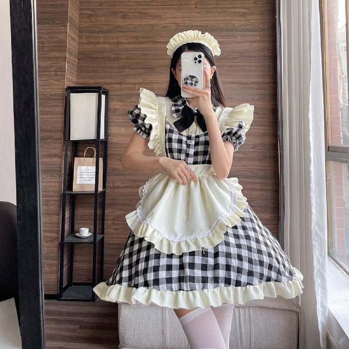 【7日内出荷】4点セット　チェックメイド服 ミニ丈 メイド喫茶 メイドコスチューム ジャパニーズメイド ミニスカ ハロウィン 衣装 仮装 パーティ コスプレ フルセット 可愛い 萌え