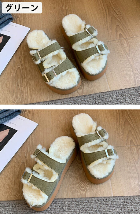 【7日内出荷】【5cmヒール】サンダル 厚底 ファーサンダル レディース もこもこ 5cmヒール 歩きやすい つっかけ ダブルベルト 防寒 暖かい 痛くない 疲れにくい 美脚効果 身長アップ きれいめ 外履き 冬用サンダル 秋冬 おしゃれ ルームシューズ ブラウン グリーン