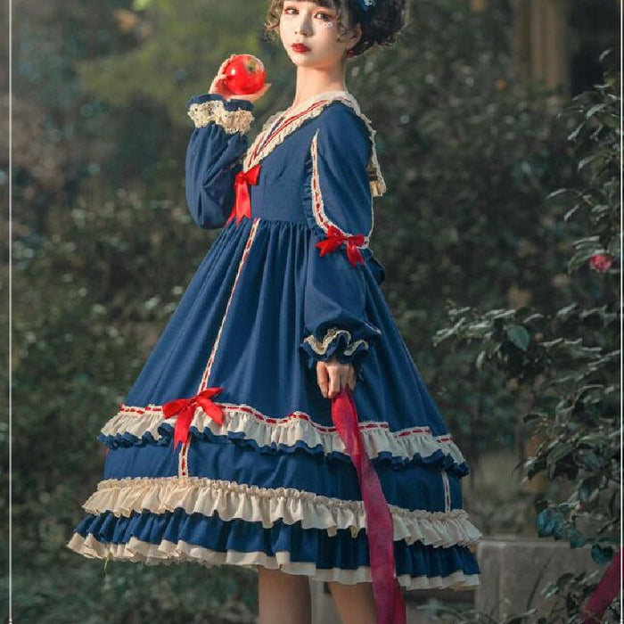 【7日内出荷】ロリータ ドレス ゴスロリ＆ロリータ服 長袖 ワンピース 膝丈 ミモレ丈 ロング ロリィタ服 マリン風 お姫様 ドレス 裾フリル レース リボン 可愛い ハイウエスト 学園祭 イベント コスプレ衣装 コスチュームレディース 大人 春秋冬 S M L XLワインレッド ネイビー