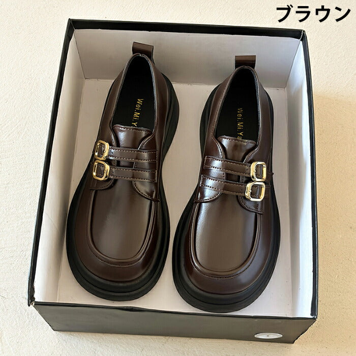 【7日内出荷】【5cmヒール】厚底ローファー レディース 黒 ブラック 革靴 レザー 合皮 バックル バックル 金具 Uチップ パンプス チャンキーソール ボリュームソール 歩きやすい 疲れにくい 美脚 脚長 おしゃれ OL 学生 通勤 通学 黒 茶色 秋冬 22.5 25.0