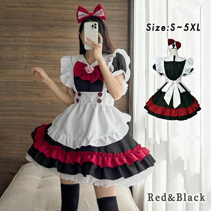 【5点セット】メイド服 赤 メイド 服 送料無料 コスプレ ハロウイーン ネコ クラシック メイドカフェ 制服 ユニフォーム 萌え系 撮影会 本格的 可愛い コスチューム 衣装 仮装 かわいい お茶会アイドル おしゃれ セット ウェイトレス クラシカル アニメ ゴスロリ ロリータ S-5XL