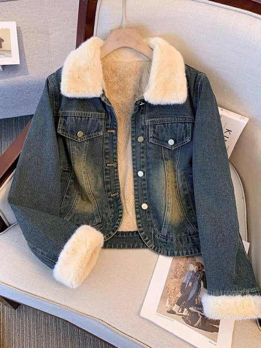 【7日内出荷】デニムコート デニムジャケット Gジャン レディース 裏ボア ファーコート 秋冬 アウター ボアブルゾン ジャケット 防寒 厚手 もこもこ ふわふわ 暖か ショート丈 ボアコート 前開き 襟 ゆったり 体型カバー Gジャン おしゃれ カジュアル