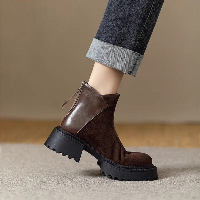 【7日内出荷】【 4cmヒール】ショートブーツ レディース ブーツ 厚底 裏起毛 ヴィンテージ風 バックジッパー スエード PU 4cm ヒール チャンキーヒール 太ヒール 安定感 黒 コンフォート 美脚 靴 通学 通勤 おしゃれ 韓国 歩きやすい 疲れない 痛くない 滑りにくい 大きいサイズ 22cm～24.5cm 春秋冬