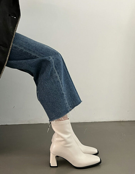 【8cmヒール】ブーツ レディース ショートブーツ ストレッチ 歩きやすい 痛くない ストレッチブーツ 8cmヒール ハイヒール バックジップ チャンキーヒール 通勤 オフィス ソックスブーツ 美脚 きれいめ カジュアル 大人女子 秋冬 黒 ブラウン アイボリー