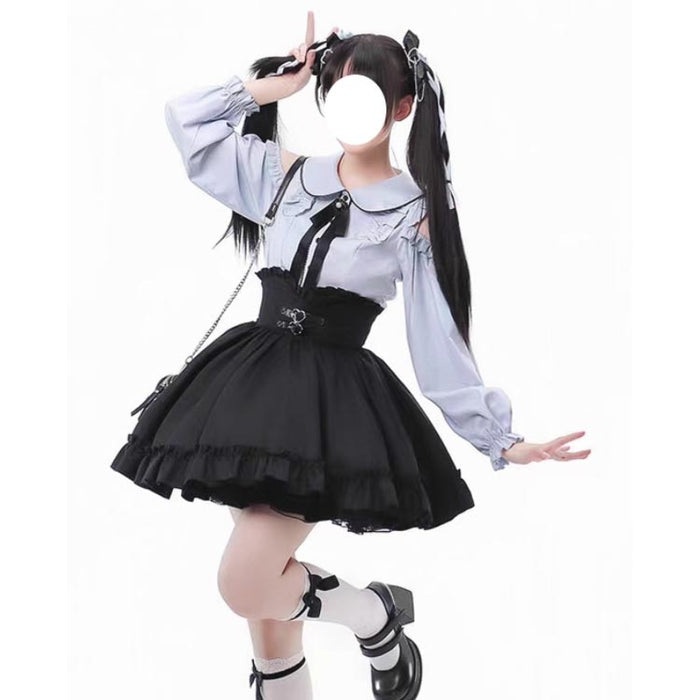 【7日内出荷】【2点セット】 Aライン 地雷系 ブラウス セットアップ 夏 セットアップ フレア フリル シャツ トップス 長袖 スカート 量産型 病みかわいい 薄手 ハートベルト 肩出し ミニスカート ハイウエスト 夏 ボトムス春 参戦服 秋 冬 おしゃれ 可愛い ロリータ ゴスロリ