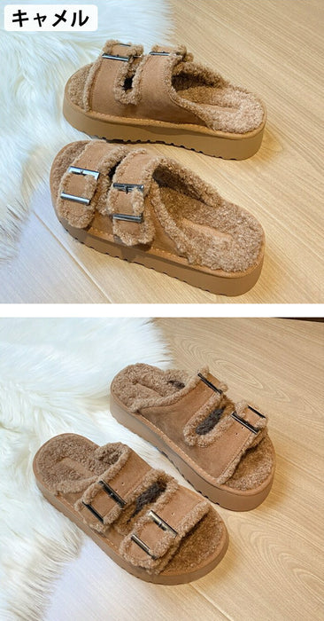 【7日内出荷】【 5cmヒール】厚底ボアサンダル レディース ファーサンダル ボア もこもこ 5cmヒール 歩きやすい つっかけ 暖かい 冬用サンダル 防寒 痛くない ダブルベルト 秋冬ルームシューズ 外履き 室内履き オフィス 20代 30代 シューズ 靴 ブラウン グレージュ