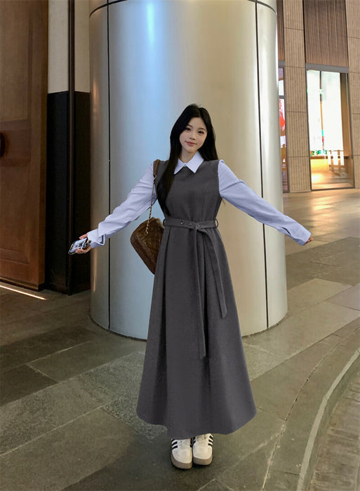 【7日内出荷】ワンピース ロングワンピース 切り替えワンピース Aライン ワンピ ロングワンピ ロング マキシワンピース 襟 無地 きれいめ シンプル マキシ レイヤード風 長袖 大きいサイズ 秋 冬