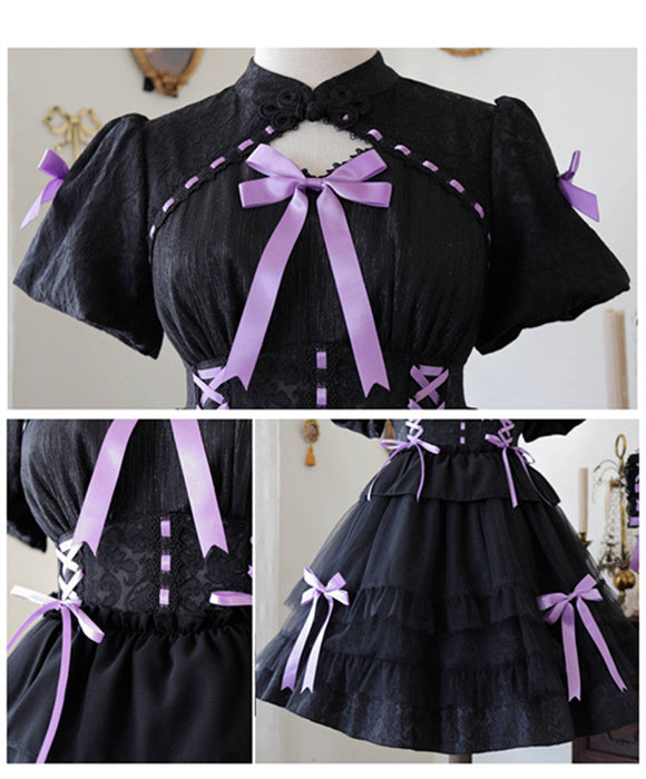 【7日内出荷】ロリータワンピース ホワイト 白 レディース lolita リボン ロリータ 袖付き 膝丈 小柄 可愛い 着瘦せ 仮装 コスプレ コスチューム 小柄 可愛い 学生 女の子 ゴスロリ  仮装 パーティ イベント ロリィタファッション フリル