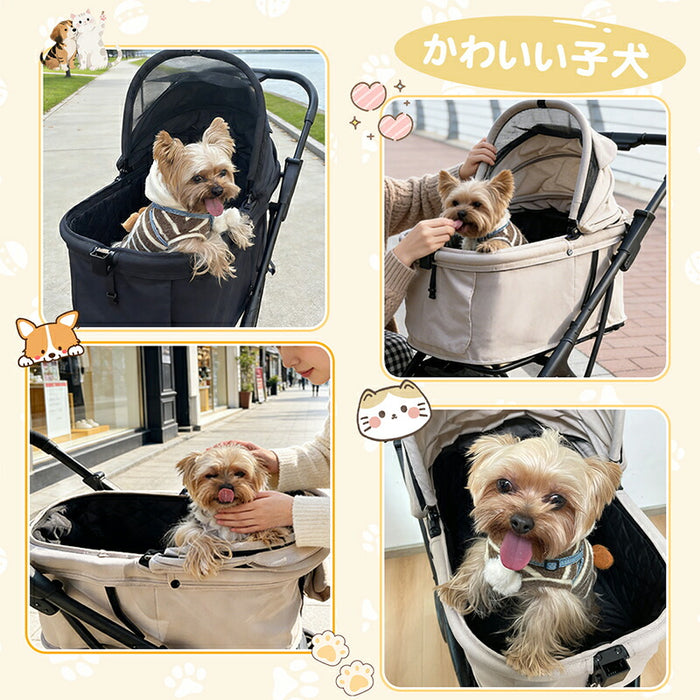 RAKU ペットカート 犬/猫用 小型犬/中型犬 多頭飼い対応 耐荷重約30kg 飛び出し防止リード2本 片手ワンタッチ開閉 キャリーバー付き 折りたたみ式 自立式 前後開閉 取り外し可能カバー 軽量 ポケット付き お手入れ簡単 ブラック/カーキ