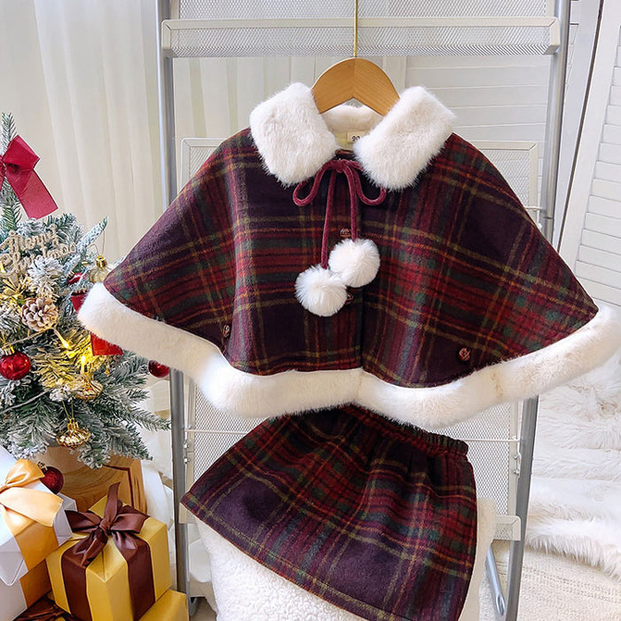 【7日内出荷】【 2点セット】キッズ クリスマス コスチューム サンタ服 マント 女の子 セットアップ ポンチョスカート 仮装 演出服 パーティー プレゼント 子供 チェック柄 ベビー 保育園 厚手 裏起毛 冬 防寒 暖かい  秋冬 新年