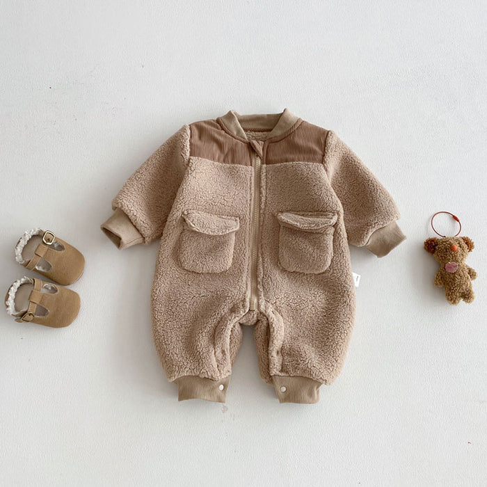 【7日内出荷】ベビー ボア カバーオール コート アウター ジャンプスーツ ジャケット かわいい 裏起毛 中綿 男の子 女の子 ロンパース 新生児 可愛い あったかい 子供服 防寒着 普段着 秋冬 出産祝い ギフト 前開き 着替え便利 外出服