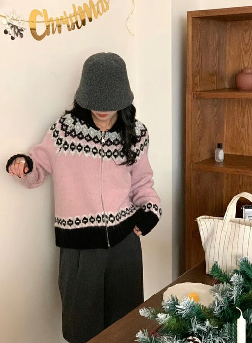 【7日内出荷】カーディガン ニット レディース フェアアイル ノルディック ジップアップ アウター トップス ブルゾン ショート丈 長袖 襟付き 韓国 きれいめ カジュアル 大人可愛い ゆったり あったか 防寒 おしゃれ 秋冬 クリスマス デート服 通勤 通学