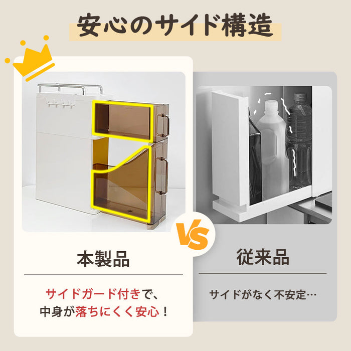 RAKU 隠せる調味料ラック フック付き 引き出し式 スパイスラック 3段収納 キッチンラック 大容量 キッチン収納 台所ラック コンロ横 シンク下 調味料 収納ラック 組立不要 スリム設計 お手入れ簡単 油 醤油 引き出し隙間収納 調味料ストッカー 棚 スリム