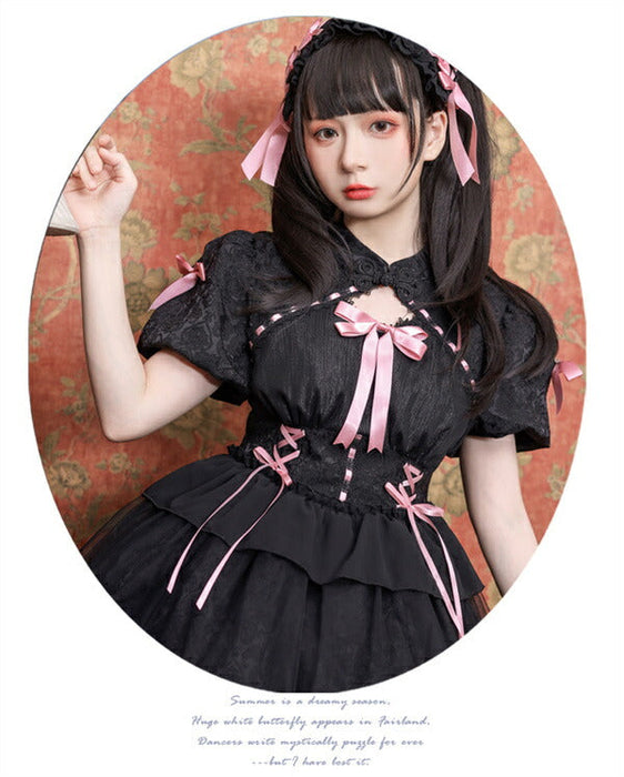 【7日内出荷】ロリータワンピース ホワイト 白 レディース lolita リボン ロリータ 袖付き 膝丈 小柄 可愛い 着瘦せ 仮装 コスプレ コスチューム 小柄 可愛い 学生 女の子 ゴスロリ  仮装 パーティ イベント ロリィタファッション フリル