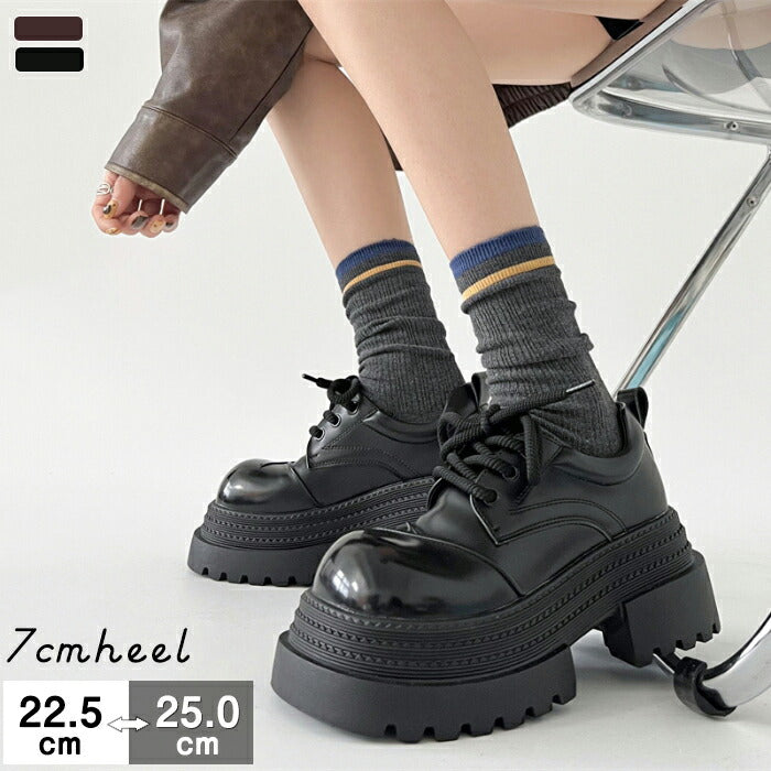 【7日内出荷】【7cmヒール】厚底オックスフォードシューズ レディース 厚底7cmヒール おでこ靴 レースアップ エナメル 合皮 チャンキーソール ボリューム スニーカー 歩きやすい 疲れない 美脚 脚長 身長アップ マニッシュ シューズ 中学 高校 学生 通学 黒 茶色 秋冬