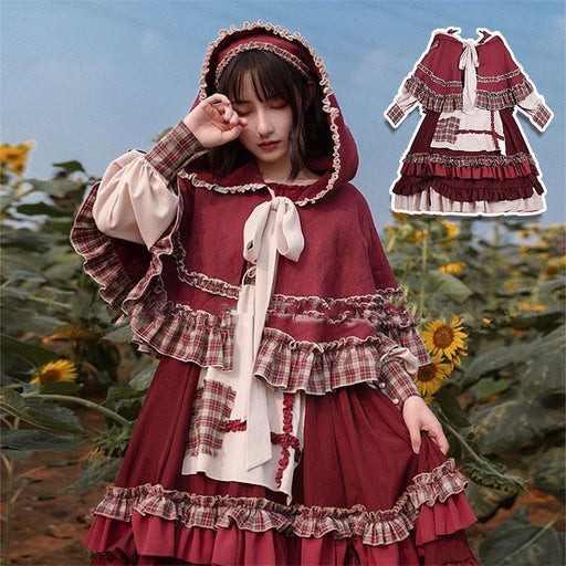 【7日内出荷】赤ずきん ロリータワンピース ワンピース ロリータドレス  マント付き 3点セット 三角巾付き 甘ロリ キュート 原宿 ガーリー 秋 冬