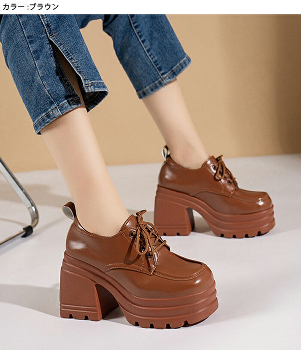 【7日内出荷】【10cmヒール】厚底オックスフォード シューズ レディース レースアップ  ハイヒール 超厚底 チャンキーヒール ボリュームソール プラットフォーム レースアップ 革靴 歩きやすい 疲れにくい 脚長 韓国 地雷系 学生 通勤 黒 茶色 オールシーズン