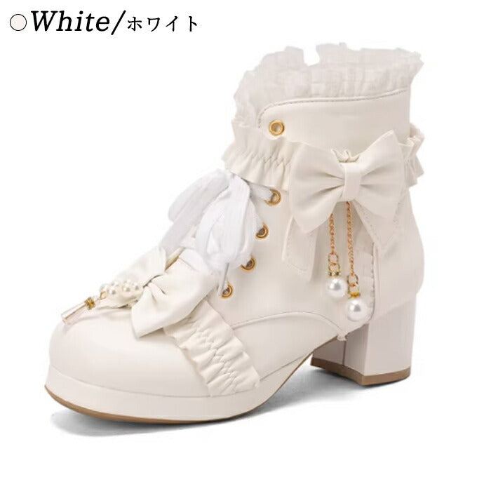 【5cm ヒール】厚底ブーツ ロリータ ブーツ レディース ショートブーツ 編み上げブーツ 甘ロリ お姫様 森ガール ロリィタ靴 レース リボン パール 5cm 太ヒール 歩きやすい 痛くない サイドジップ おしゃれ かわいい お茶会 コスプレ 黒 ピンク 白 秋冬